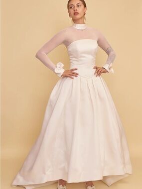 ISO Vera Wang Cream Ball Gown with Illusion Bodice and Bow Cuffs